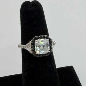 925 Sterling Silver CZ Solitaire Ring with Black Gemstone Halo Size 5.25
